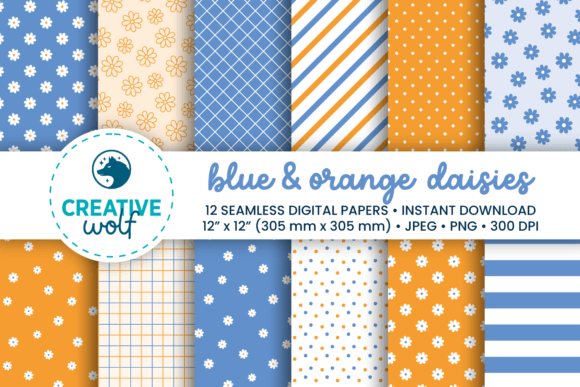 Blue and Orange Daisy Seamless Patterns for Creative Projects