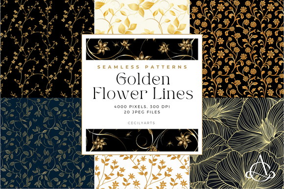 Golden Flower Lines Seamless Patterns: A Versatile Digital Paper Collection for Creative Projects