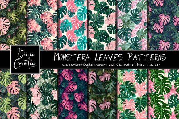 Monstera Leaves Seamless Patterns Set